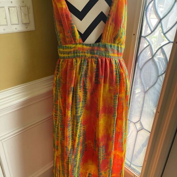 NWT Ellen Weaver multi marble color orange,yellow & green.Maxi dress SZ2X - Picture 7 of 11
